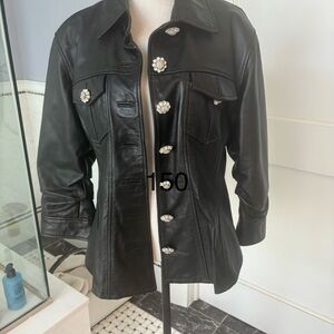 Black Leather Jacket with Crystal Buttons